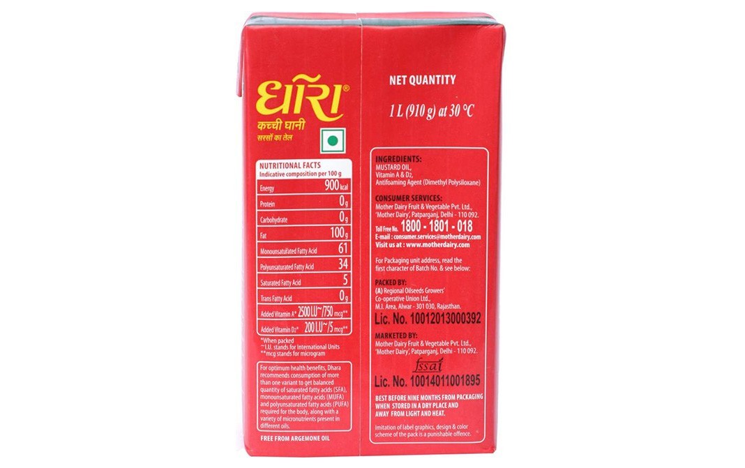 Dhara Kachi Ghani Mustard Oil   Tetra Pack  1 litre